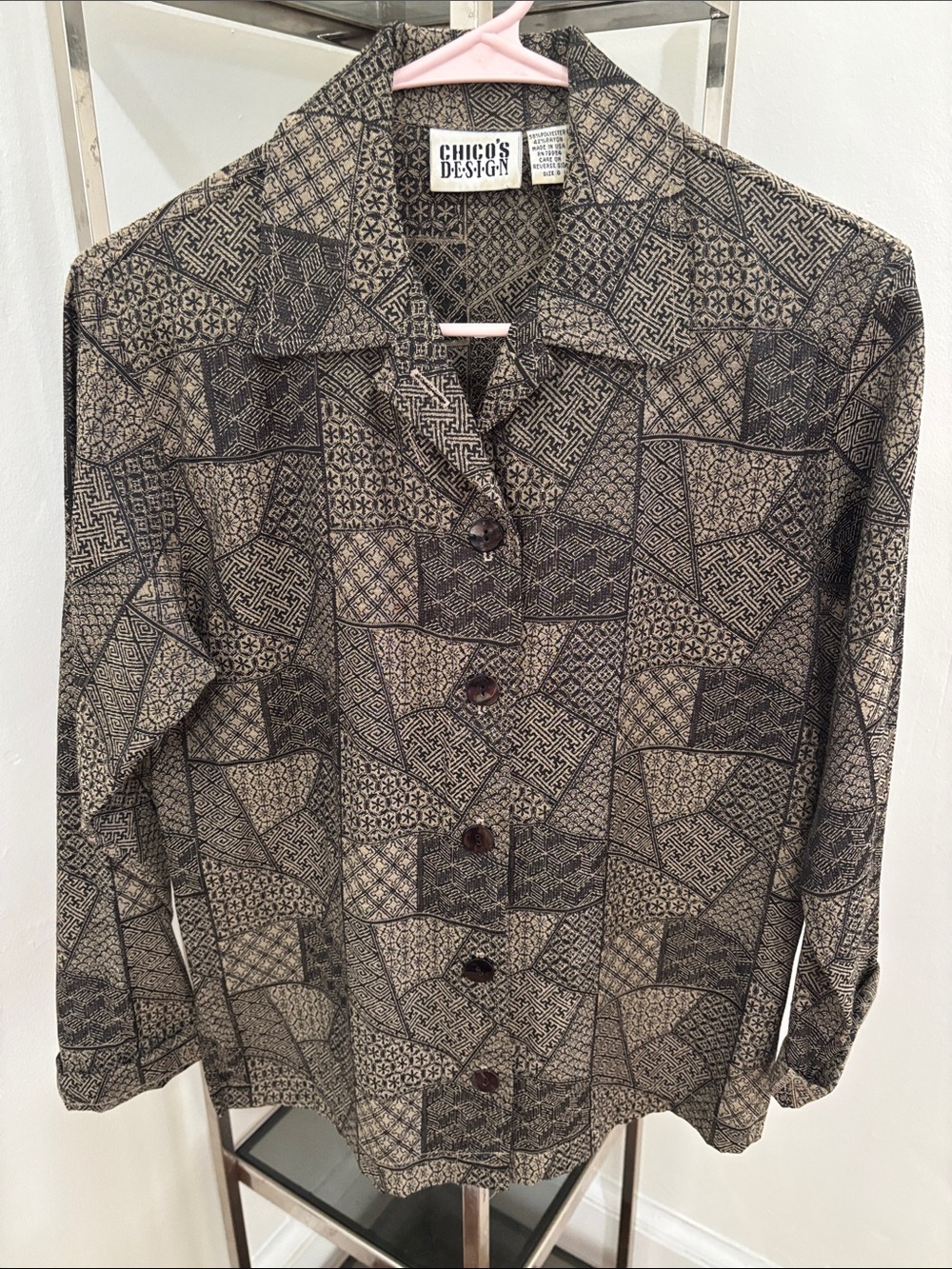 Chico's Design Black and Taupe Geometric Print Button-Up